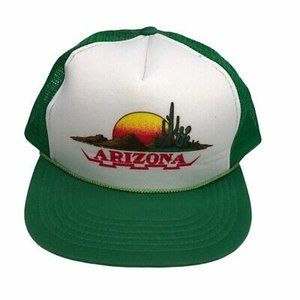 Vintage Arizona Mens Mesh Trucker Hat Green Color Block Desert Sunset 80s